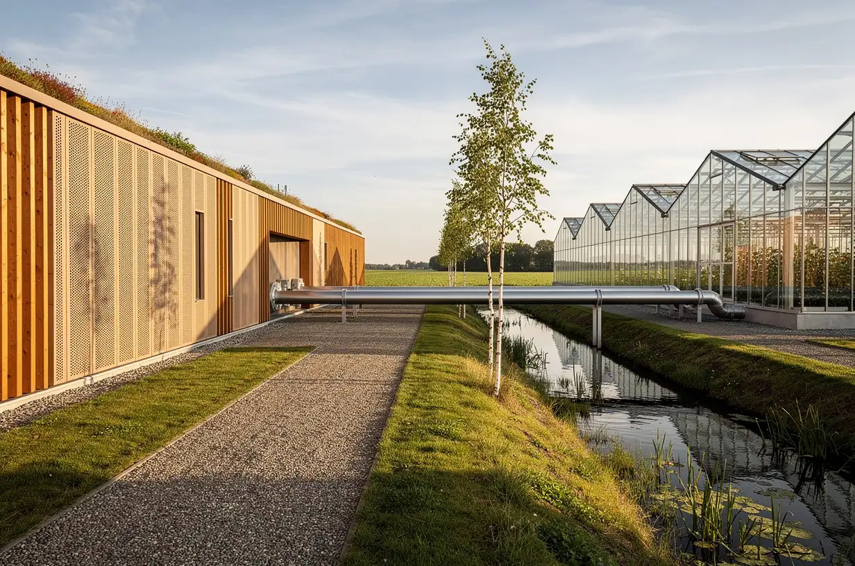 Insulated heat pipes crossing a drainage ditch from a timber-finned data hall into the plant room of a glasshouse complex, with a shared gravel service path alongside