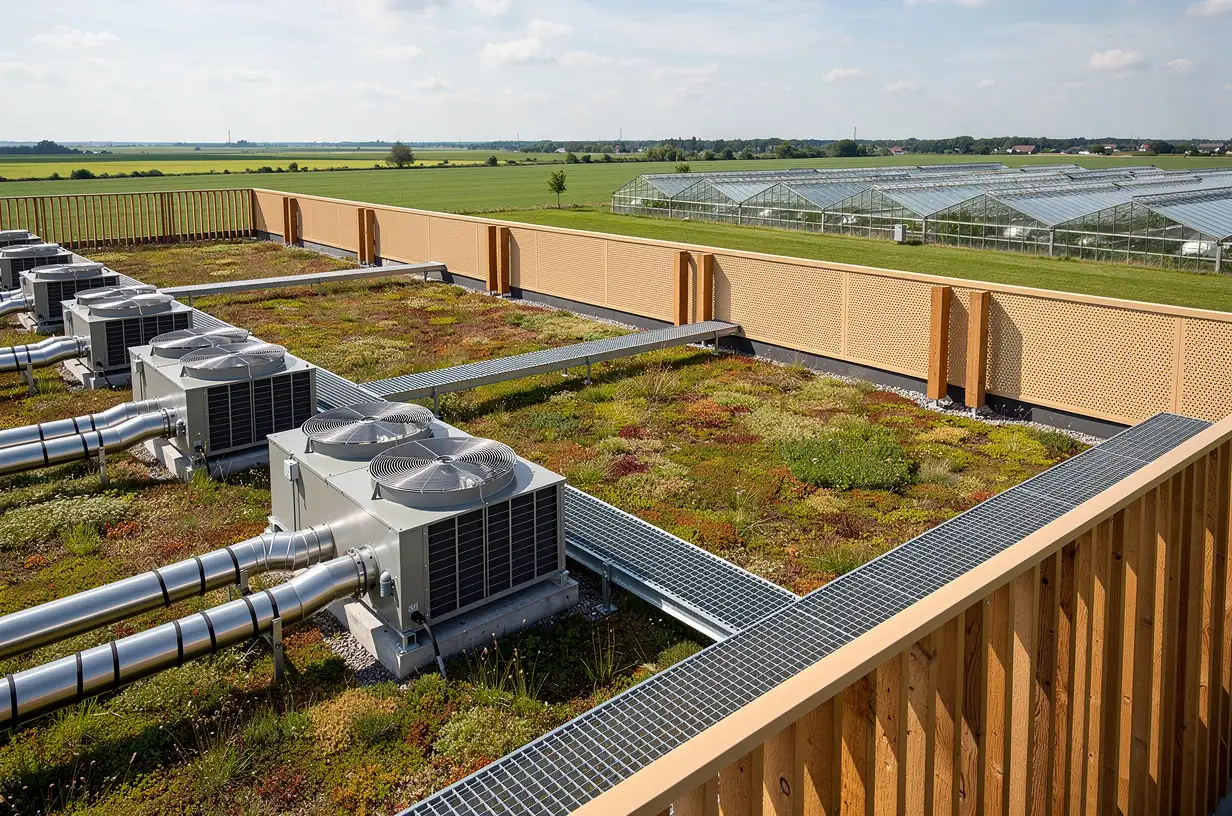 Rows of dry-cooler units and insulated heat-recovery pipework set among sedum planting on a data hall roof, with polder fields and glasshouses beyond