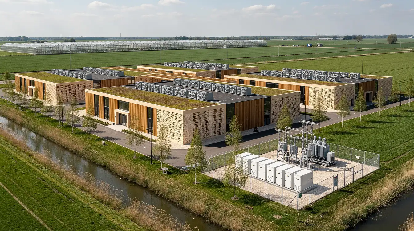 Aerial view of a compact data centre development of four interconnected halls with planted roofs, a substation and battery containers, in flat polder landscape