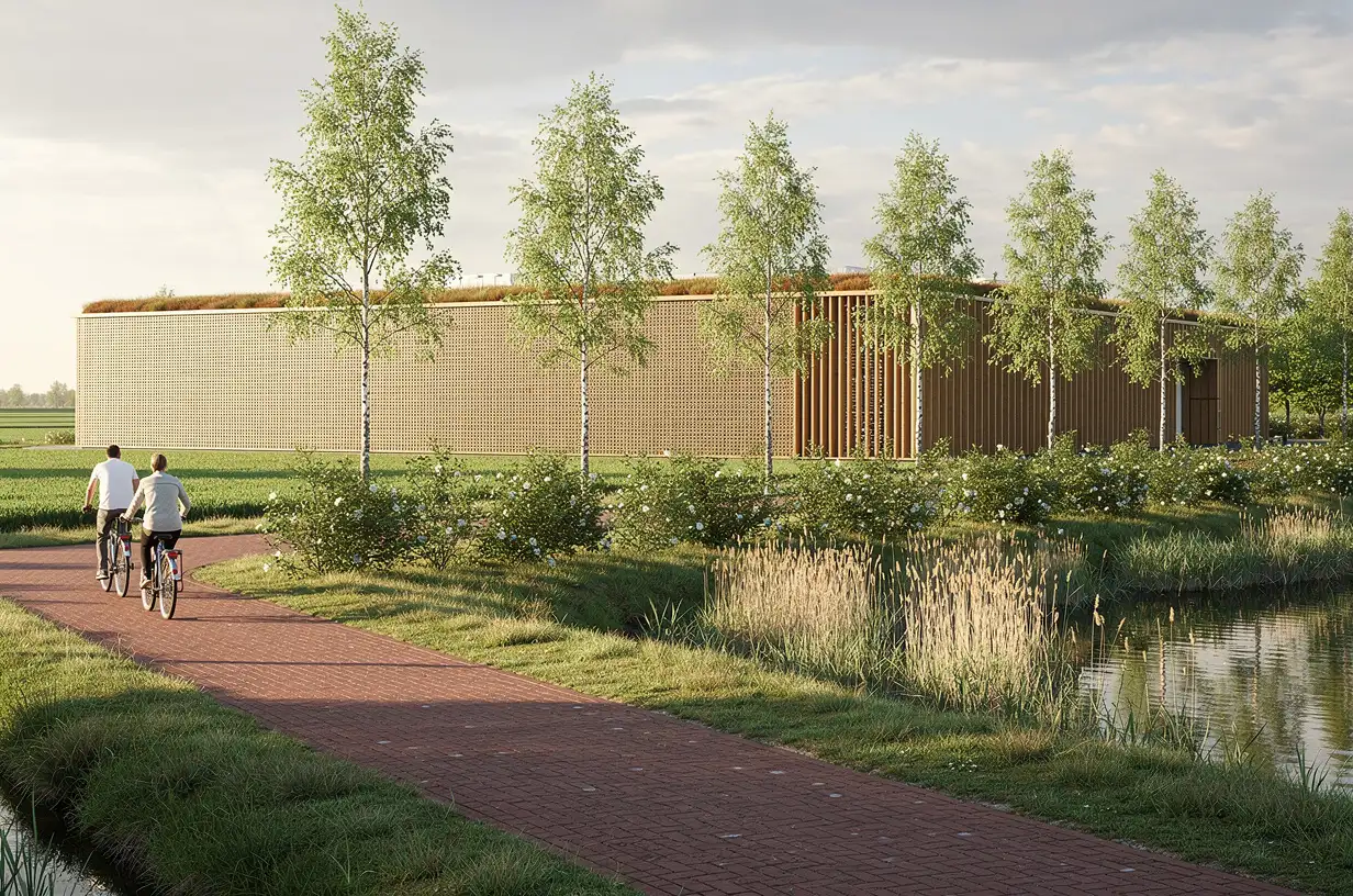A cycle path along a reed-planted water channel with a hedgerow and young trees, and a data hall reading as a low band behind the planting