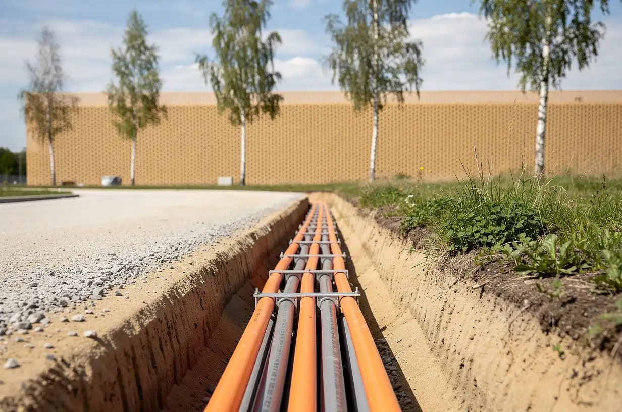 Open trench beside a new access road holding a bundled duct bank of orange and grey conduits in clean bedding sand, with a data hall facade behind