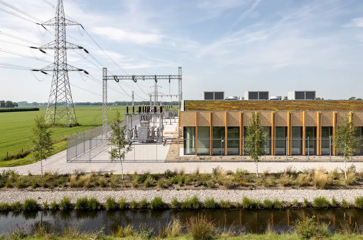 A high-voltage overhead transmission line on lattice pylons terminating at a fenced substation beside a data hall with a planted roof, in flat polder landscape