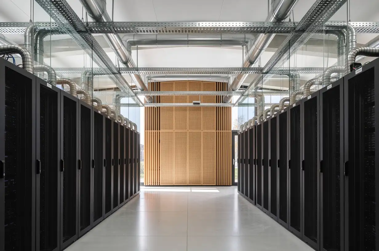 Interior of a data hall: two rows of server racks either side of a central aisle, insulated coolant pipework overhead feeding hoses into the racks, and a timber-finned end wall with daylight beside it