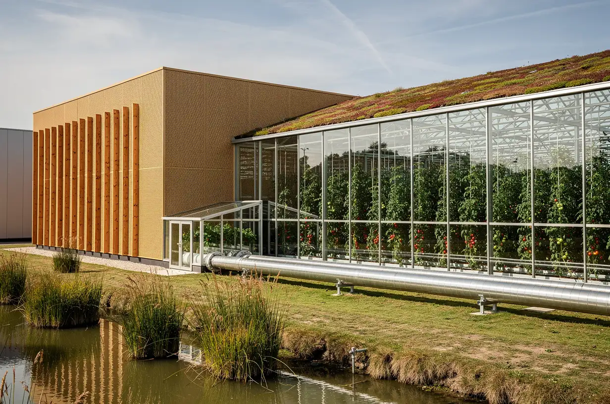 Insulated heat pipes running from a data hall into a commercial glasshouse, with rows of tomato plants visible through the glass