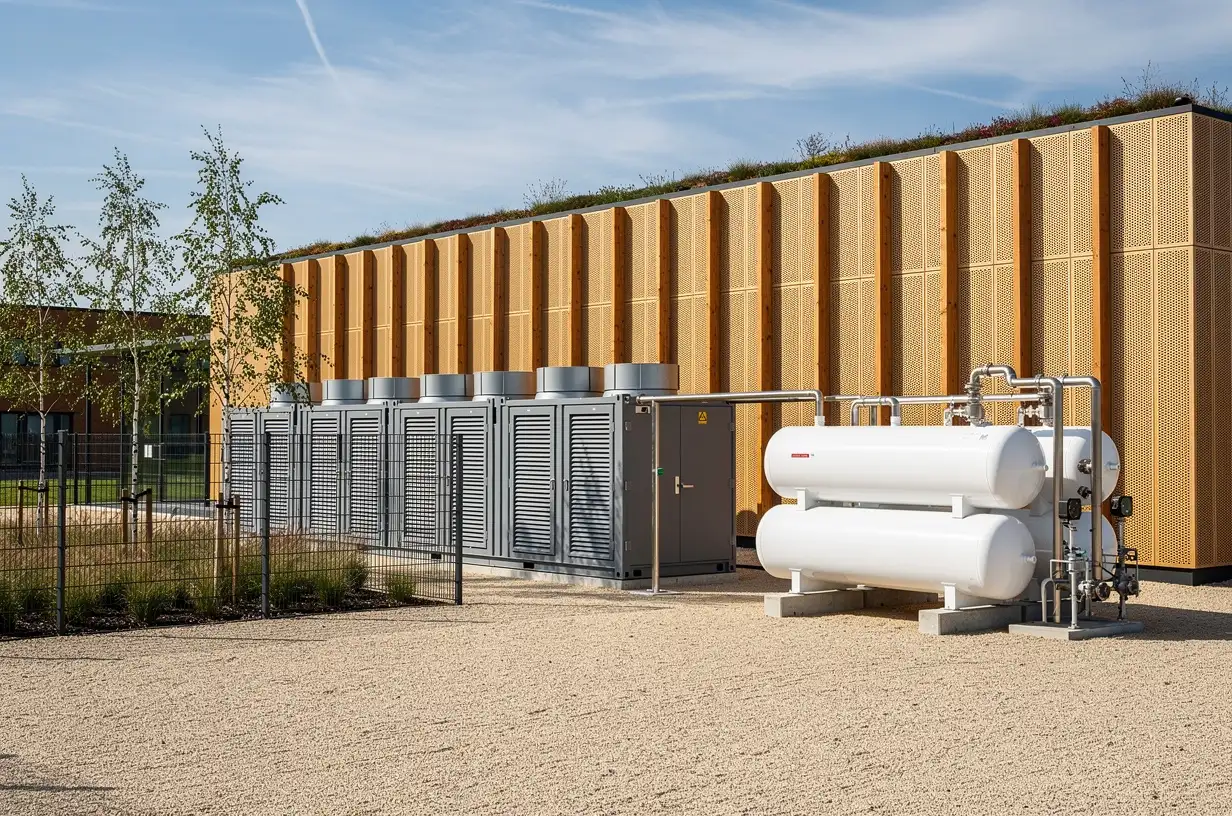 A row of containerised hydrogen fuel-cell modules beside two horizontal hydrogen storage vessels with stainless pipework, on gravel behind a mesh fence, against a timber-finned data hall facade