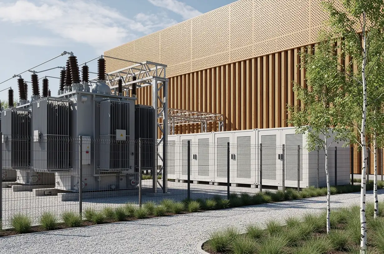 Substation transformers behind a mesh fence beside a row of battery storage containers, with a data hall facade behind