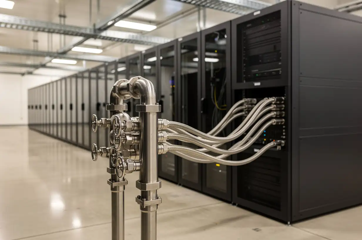 A receding row of dark server racks inside a data hall, with a polished steel coolant manifold feeding braided hoses into the nearest rack