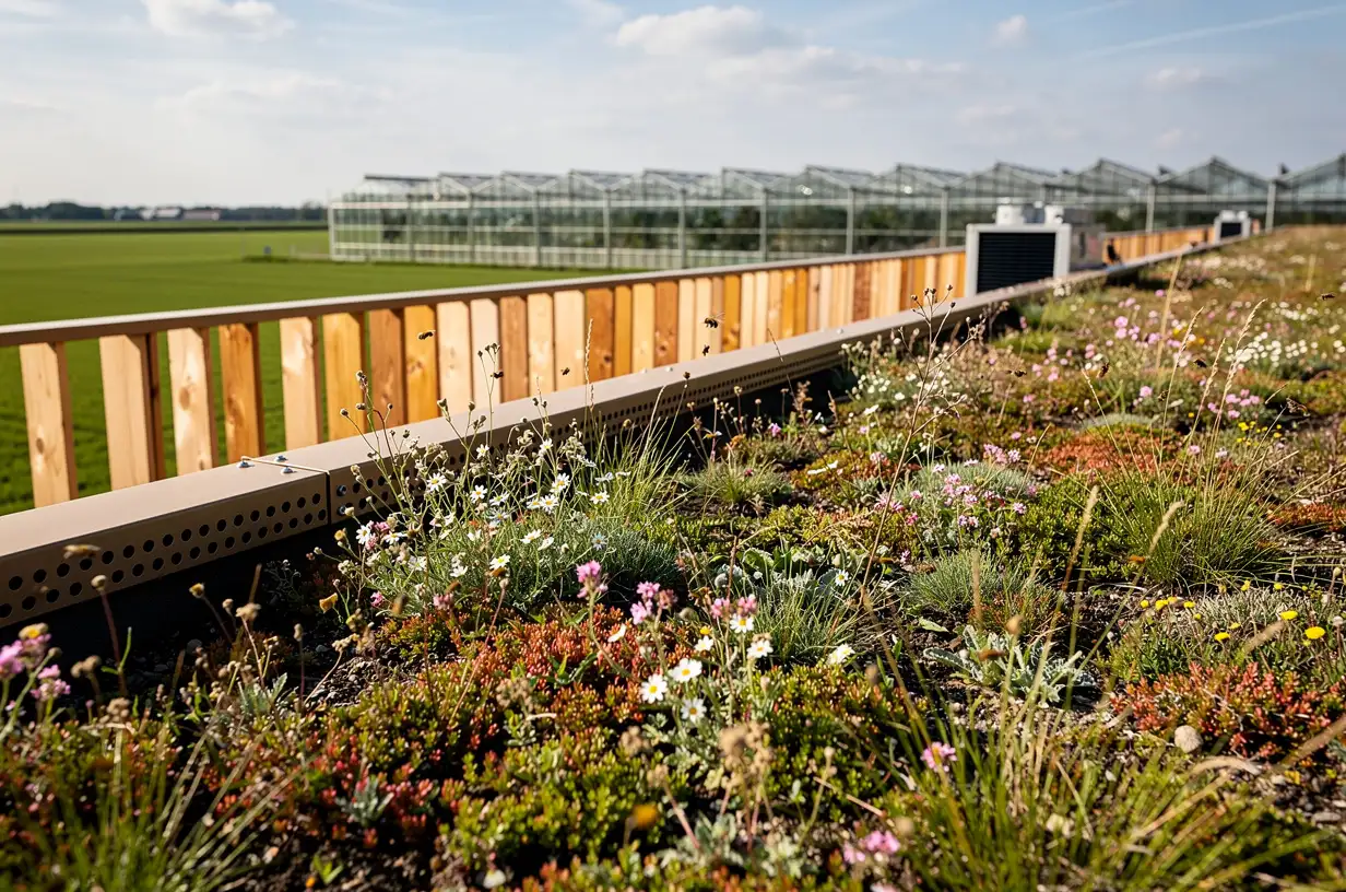 A sedum and wildflower roof in bloom running along a timber-finned parapet, with dry-cooler units far off at the end of the roof and polder fields beyond