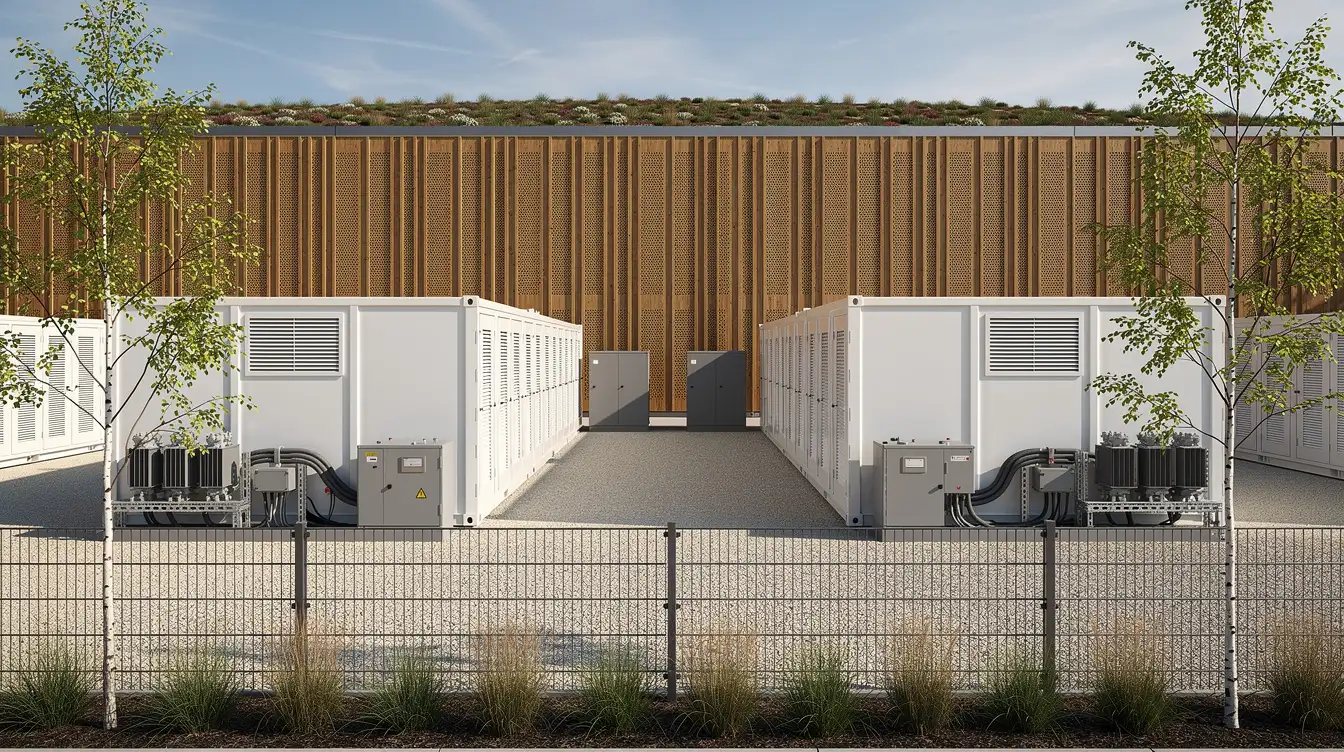 Two rows of containerised battery storage units with inverter cabinets and compact transformers on gravel behind a mesh fence, against the perforated metal facade of a data hall
